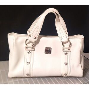 MCM White Leather Shoulder Bag with Red Stitching